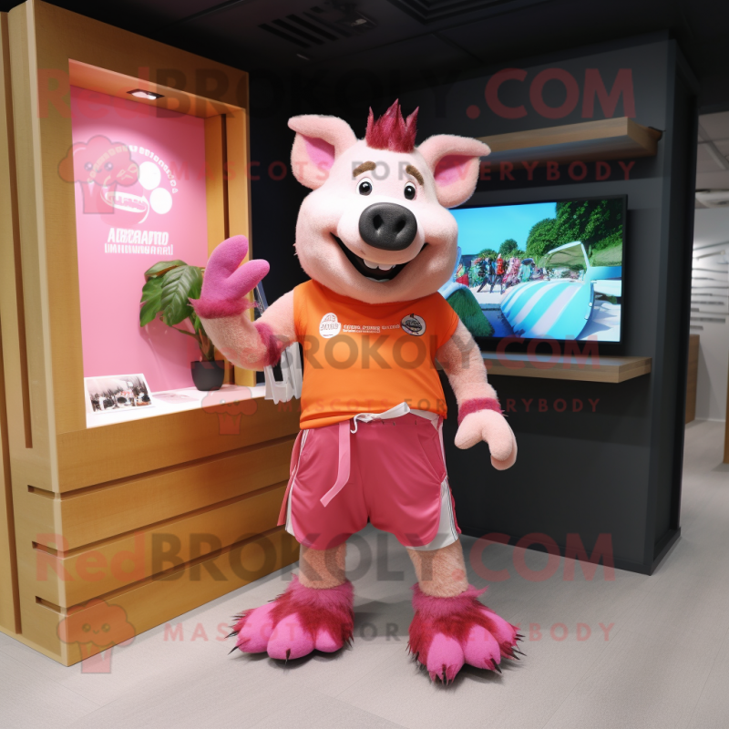 Pink Wild Boar mascot costume character dressed with a Board Shorts and Brooches