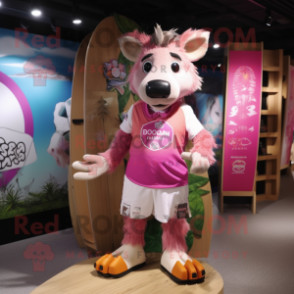 Pink Wild Boar mascot costume character dressed with a Board Shorts and Brooches