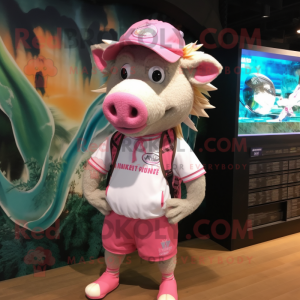 Pink Wild Boar mascot costume character dressed with a Board Shorts and Brooches