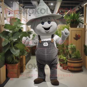 Gray Radish mascot costume character dressed with a Dungarees and Hats