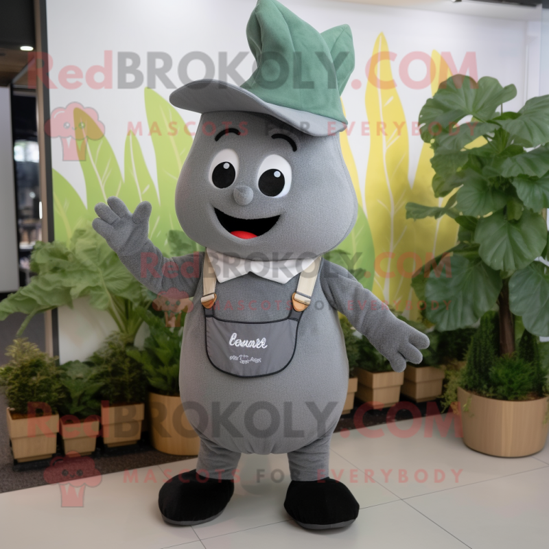 Gray Radish mascot costume character dressed with a Dungarees and Hats