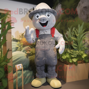 Gray Radish mascot costume character dressed with a Dungarees and Hats