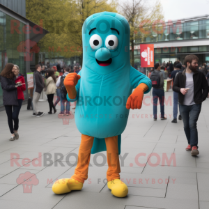 Turquoise Currywurst mascot costume character dressed with a Jeggings and Foot pads