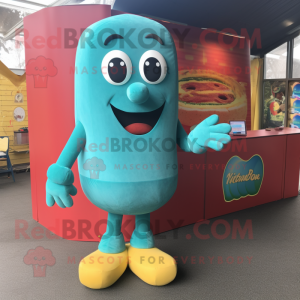 Turquoise Currywurst mascot costume character dressed with a Jeggings and Foot pads