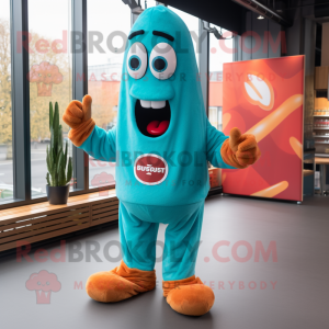 Turquoise Currywurst mascot costume character dressed with a Jeggings and Foot pads