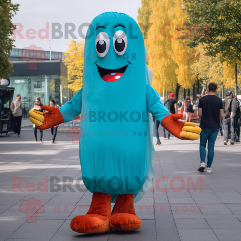 Turquoise Currywurst mascot costume character dressed with a Jeggings and Foot pads