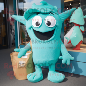 Turquoise Ice mascot costume character dressed with a Dungarees and Tote bags