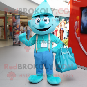 Turquoise Ice mascot costume character dressed with a Dungarees and Tote bags