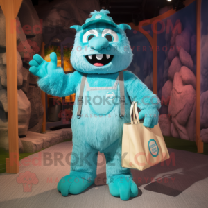 Turquoise Ice mascot costume character dressed with a Dungarees and Tote bags