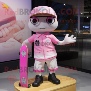 Pink Skateboard mascot costume character dressed with a Blouse and Lapel pins