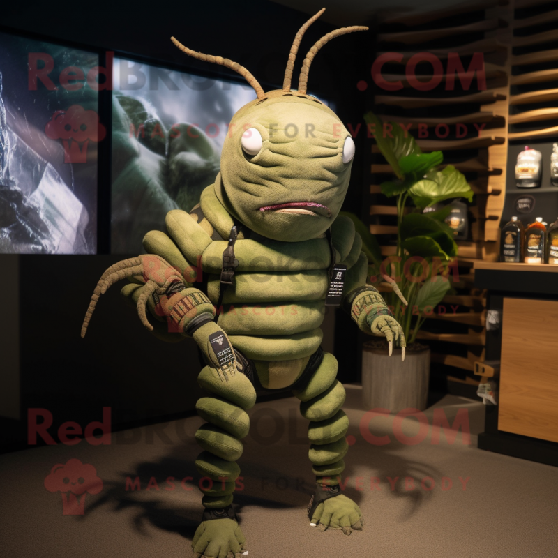 Olive Trilobite mascot costume character dressed with a Rash Guard and Hairpins Olive Trilobite mascot costume character dressed with a Rash Guard and Hairpins
