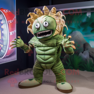 Olive Trilobite mascot costume character dressed with a Rash Guard and Hairpins