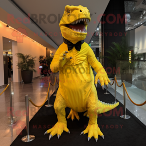 Lemon Yellow T Rex mascot costume character dressed with a Evening Gown and Suspenders