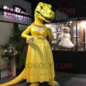 Lemon Yellow T Rex mascot costume character dressed with a Evening Gown and Suspenders