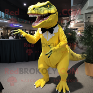 Lemon Yellow T Rex mascot costume character dressed with a Evening Gown and Suspenders