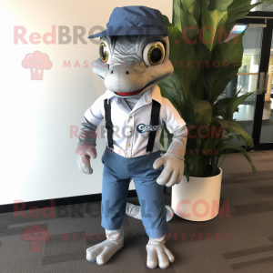 Silver Geckos mascot costume character dressed with a Oxford Shirt and Shoe laces