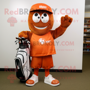 Rust Golf Bag mascot costume character dressed with a Sweatshirt and Foot pads