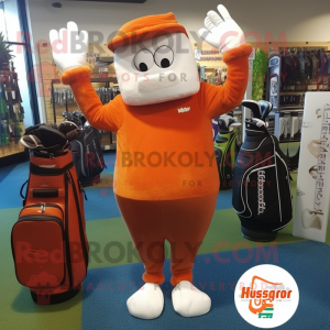 Rust Golf Bag mascot costume character dressed with a Sweatshirt and Foot pads