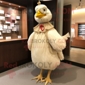 Beige Hens mascot costume character dressed with a Dress and Tie pins