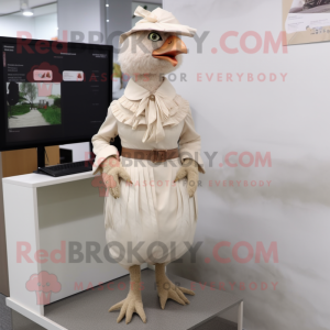Beige Hens mascot costume character dressed with a Dress and Tie pins