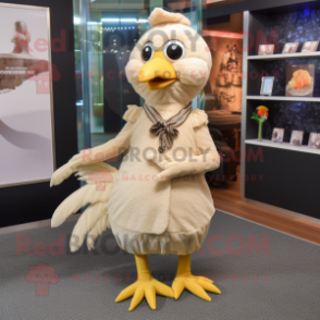 Beige Hens mascot costume character dressed with a Dress and Tie pins