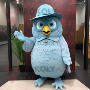 Sky Blue Owl mascot costume character dressed with a Pleated Skirt and Hat pins
