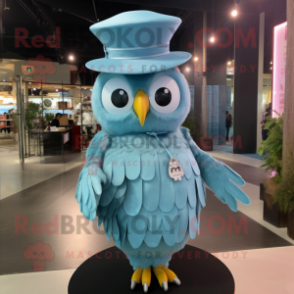 Sky Blue Owl mascot costume character dressed with a Pleated Skirt and Hat pins