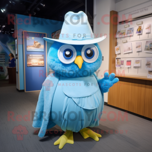 Sky Blue Owl mascot costume character dressed with a Pleated Skirt and Hat pins
