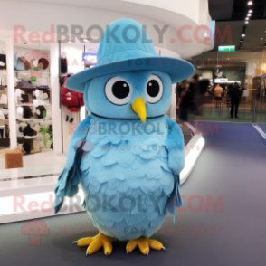 Sky Blue Owl mascot costume character dressed with a Pleated Skirt and Hat pins