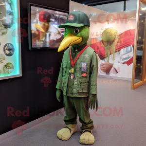 Green Woodpecker mascot costume character dressed with a Graphic Tee and Beanies