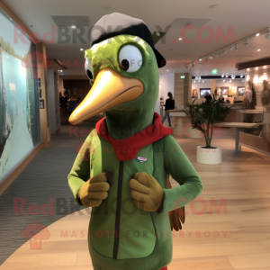 Green Woodpecker mascot costume character dressed with a Graphic Tee and Beanies