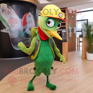 Green Woodpecker mascot costume character dressed with a Graphic Tee and Beanies