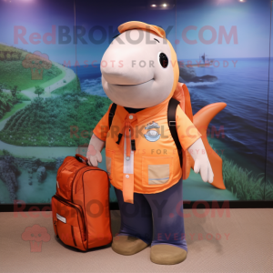 Peach Humpback Whale mascot costume character dressed with a Vest and Messenger bags