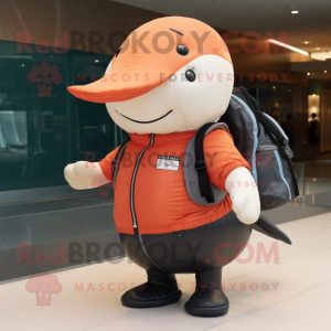 Peach Humpback Whale mascot costume character dressed with a Vest and Messenger bags