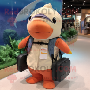 Peach Humpback Whale mascot costume character dressed with a Vest and Messenger bags