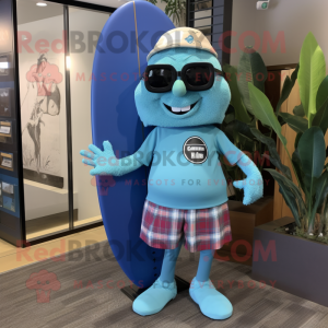 Blue Chief mascot costume character dressed with a Board Shorts and Eyeglasses