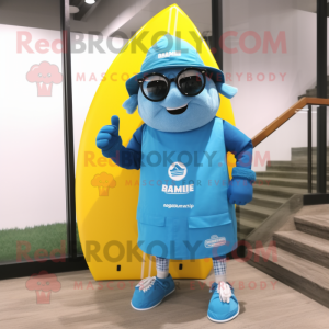 Blue Chief mascot costume character dressed with a Board Shorts and Eyeglasses