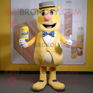 Cream Bottle Of Mustard mascot costume character dressed with a Oxford Shirt and Bow ties