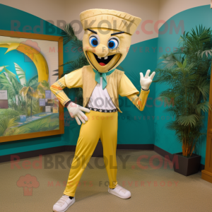 Gold Stilt Walker mascot costume character dressed with a Bermuda Shorts and Headbands