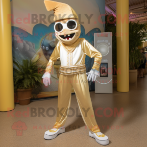 Gold Stilt Walker mascot costume character dressed with a Bermuda Shorts and Headbands
