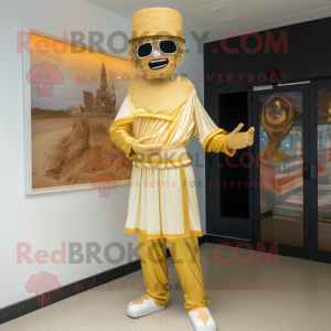 Gold Stilt Walker mascot costume character dressed with a Bermuda Shorts and Headbands
