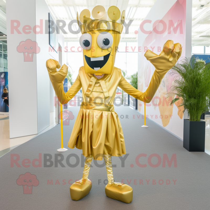 Gold Stilt Walker mascot costume character dressed with a Bermuda Shorts and Headbands