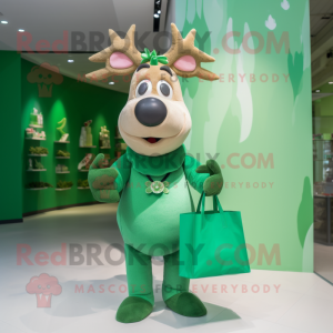 Green Reindeer mascot costume character dressed with a Sheath Dress and Tote bags