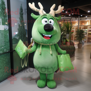 Green Reindeer mascot costume character dressed with a Sheath Dress and Tote bags