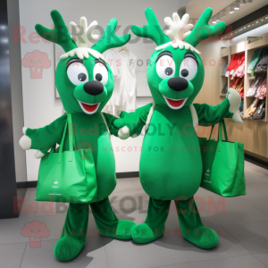 Green Reindeer mascot costume character dressed with a Sheath Dress and Tote bags