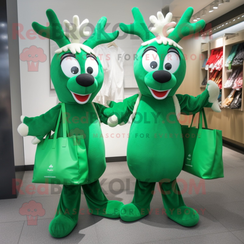 Green Reindeer mascot costume character dressed with a Sheath Dress and Tote bags Green Reindeer mascot costume character dressed with a Sheath Dress and Tote bags