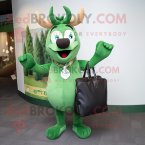 Green Reindeer mascot costume character dressed with a Sheath Dress and Tote bags