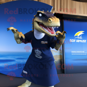 Navy Spinosaurus mascot costume character dressed with a Bikini and Pocket squares