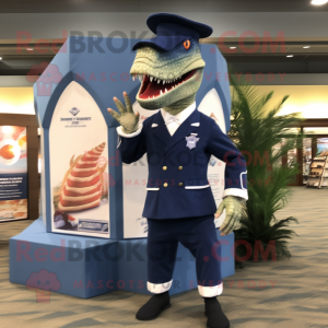 Navy Spinosaurus mascot costume character dressed with a Bikini and Pocket squares