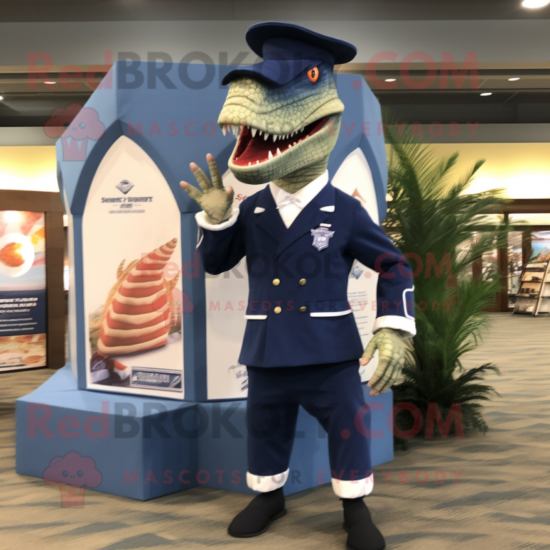 Navy Spinosaurus mascot costume character dressed with a Bikini and Pocket squares